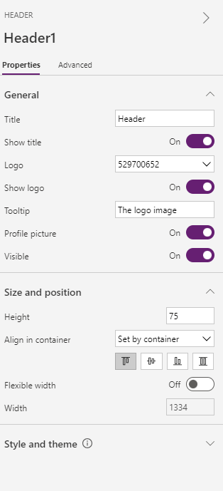 Properties available in the header control