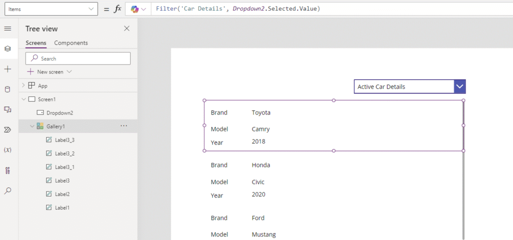 Using the Dropdown value to display items in a gallery Use the dropdown with Dataverse Views to filter the gallery