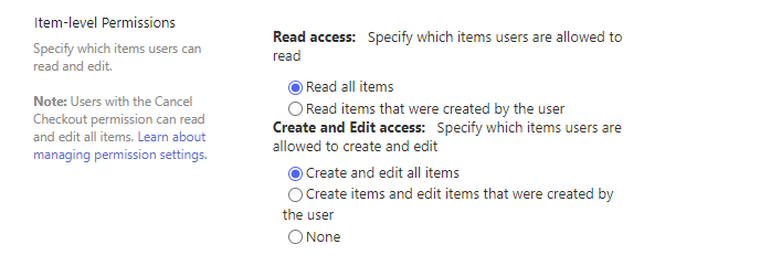 Default settings for SharePoint Item-Level Permissions