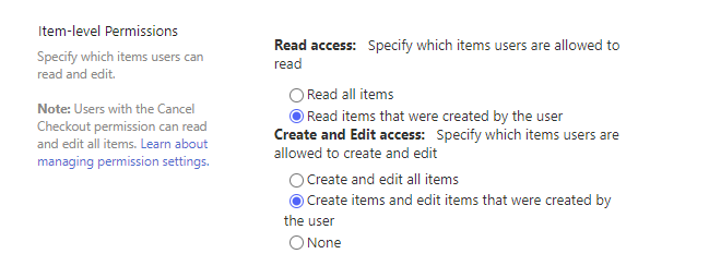 Adjusted settings for SharePoint Item-Level Permissions