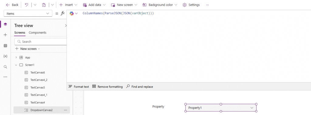 Create a dropdown with all columns from an object