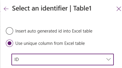 Use unique column from Excel table instead of Insert auto generated id into Excel column
