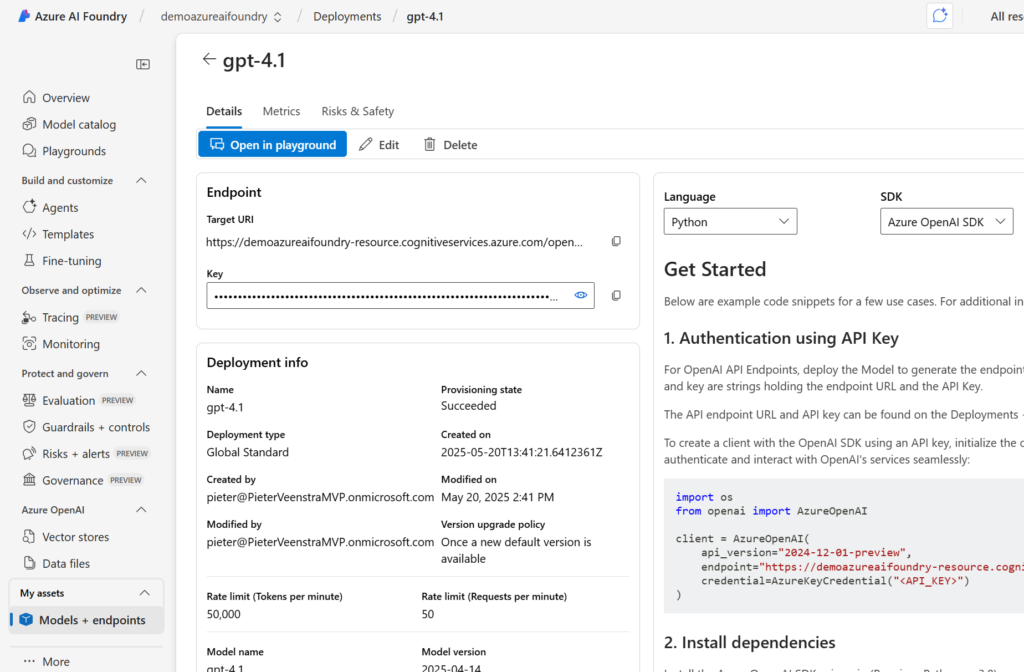 image 25 Target URI and Key for our Azure AI Foundry model