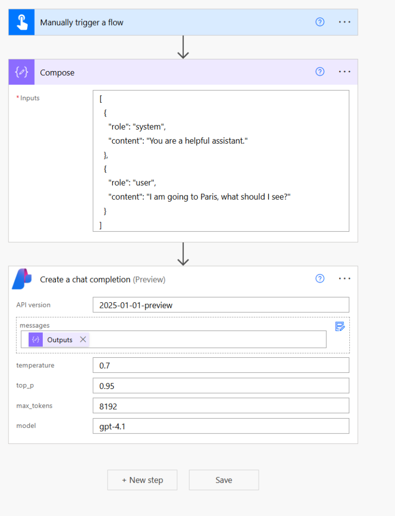 image 26 A flow showing the Azure AI Foundry chat completion action