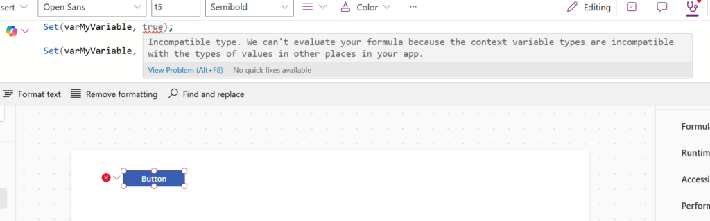 Incompatible type error in Power Apps