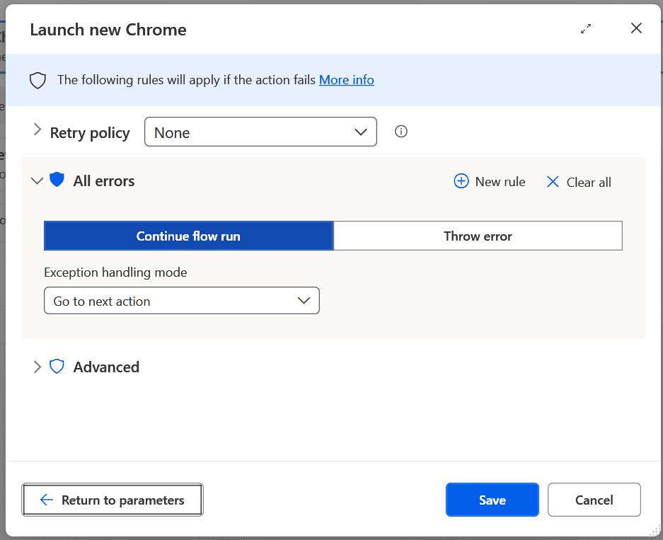 On Error settings set to continue