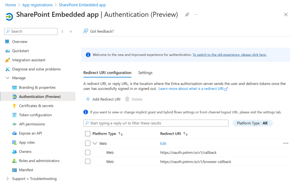 image 112 REdirect URIs configured
