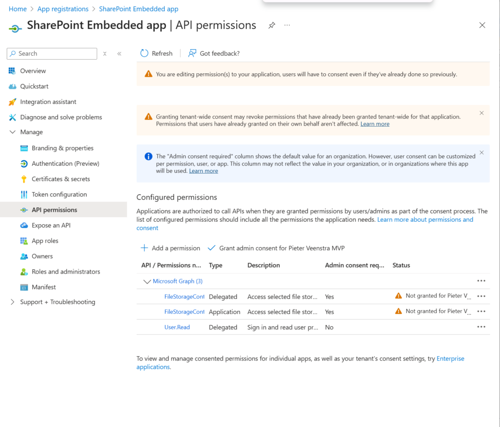image 117 First set of permissions sorted out