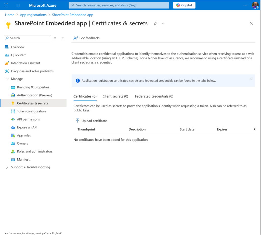 image 120 Upload the certificate to the app registration