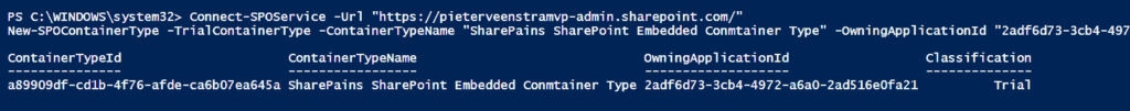 image 124 PowerShell command output showing details about a SharePoint container type including ContainerTypeId, ContainerTypeName, and Classification.