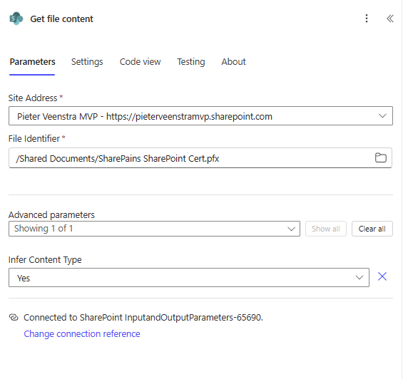 image 128 Screenshot of a SharePoint interface displaying parameters for retrieving file content, including site address, file identifier, and connection status.