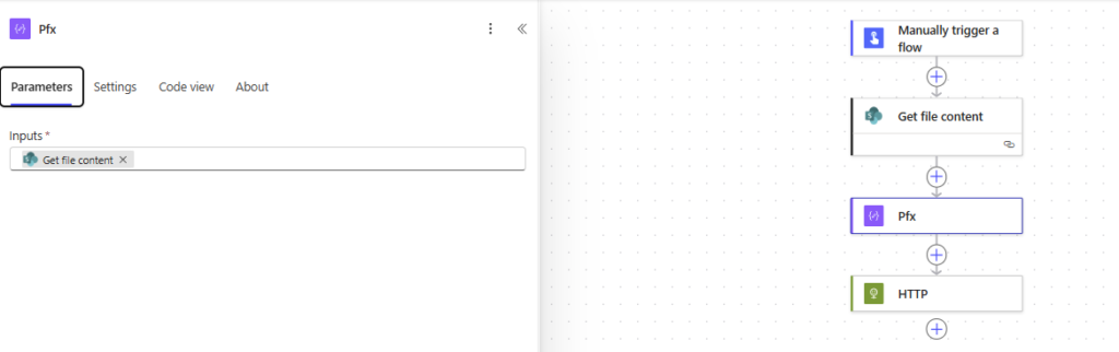 image 129 A user interface for a workflow automation tool showing 'Pfx' parameters with settings. It includes an input field for 'Get file content' and visual elements representing the workflow steps 'Manually trigger a flow', 'Get file content', 'Pfx', and 'HTTP'.