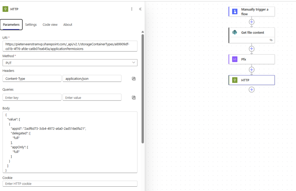 image 130 Screenshot of an HTTP request configuration in a flow automation tool, displaying parameters like URI, method, headers, and body content.