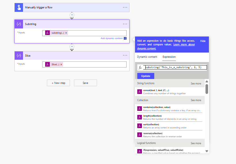 image 53 Screenshot of a user interface for manually triggering a flow, featuring options for 'Substring' and 'Slice' with expressions displayed in an expression box.