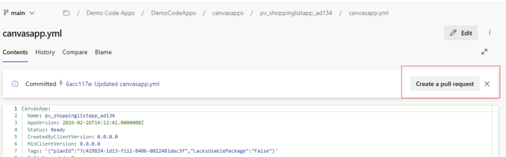 Display of a YAML file in a code editor showing details of a Canvas app configuration, including app name, version, status, and associated tags.