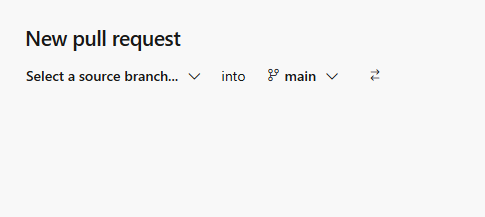 Screenshot of a 'New pull request' form displaying options to select a source branch and merge into the main branch.