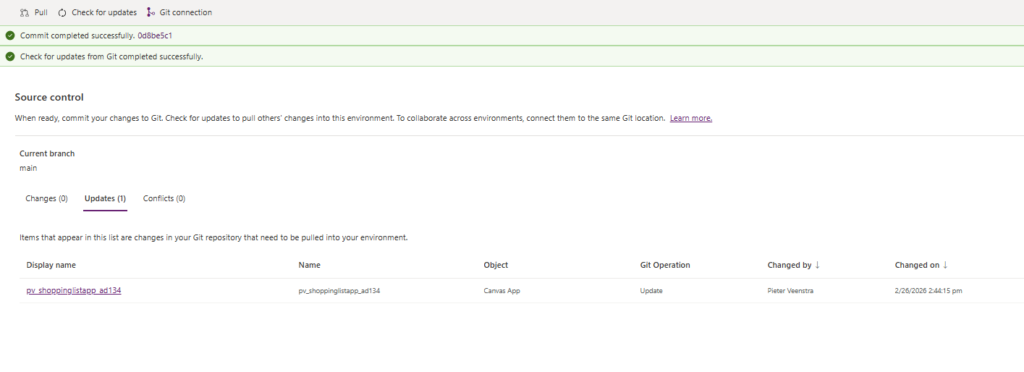 Screenshot of a Git source control interface displaying successful commit messages, current branch information, and updates available in the repository.