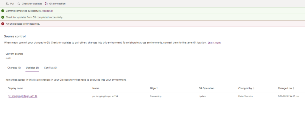 Screenshot of a source control interface displaying Git commit messages, update notifications, and error messages. Shows the current branch as 'main' with sections for changes, updates, and conflicts.