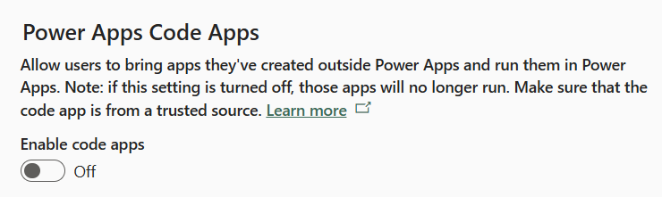 Power Apps Code Apps settings page with a toggle switch for enabling code apps, indicating the current status as 'Off'.