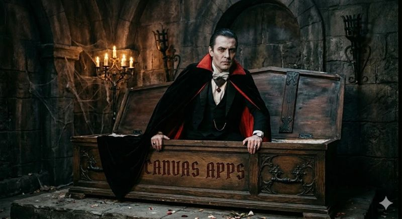 A man dressed as a vampire emerging from a wooden coffin, wearing a black cape and formal attire, set in a dark, gothic environment with candles and stone walls.