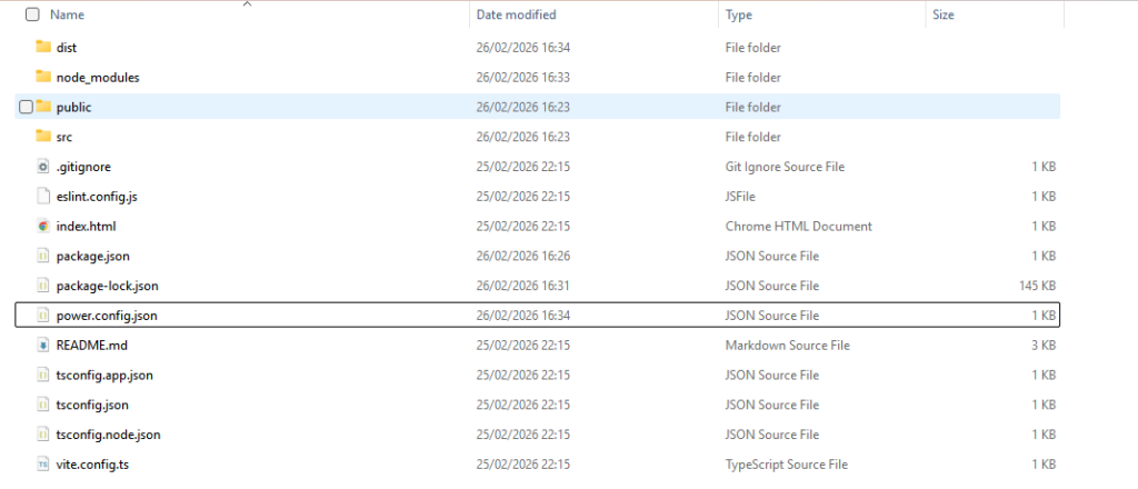 Screenshot of a file directory structure showing various folders and files including 'dist', 'node_modules', 'public', and multiple configuration files like 'power.config.json' and 'tsconfig.json'.