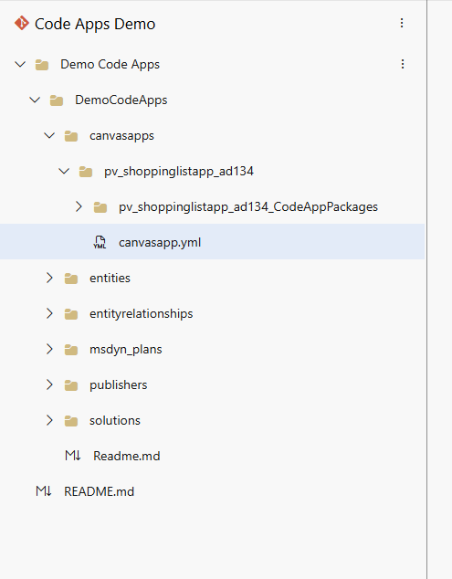 File directory structure showing 'Code Apps Demo' with nested folders including 'DemoCodeApps', 'canvasapps', and various YAML and markdown files.