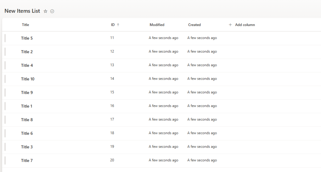 image 25 Table displaying a list of new items with columns for Title, ID, Modified date, and Created date.