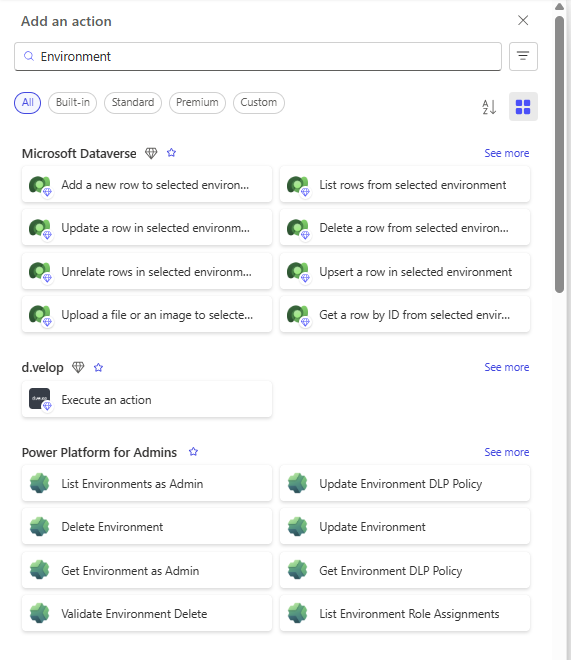 image 48 Screenshot of an action menu in an application, displaying options related to Microsoft Dataverse and Power Platform for Admins, including functionalities like adding or updating rows, listing environments, and executing actions.