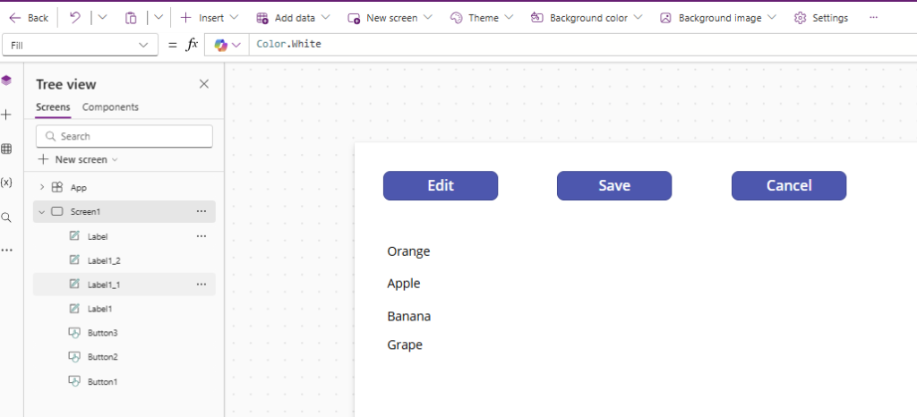 image 53 Screenshot of a user interface displaying a tree view structure with options to Edit, Save, and Cancel, and a list of items: Orange, Apple, Banana, Grape.