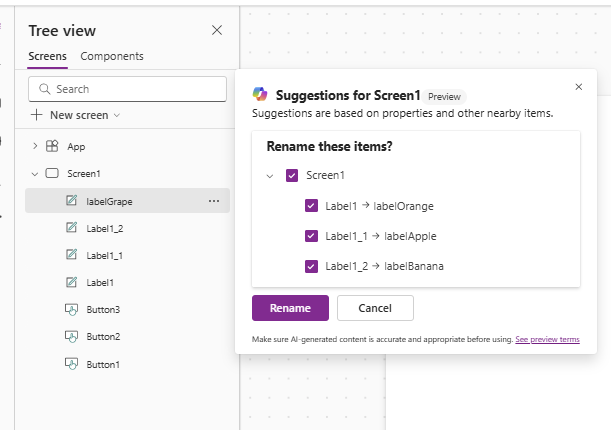 image 58 Copilot suggests how to rename controls based on your first rename of a control