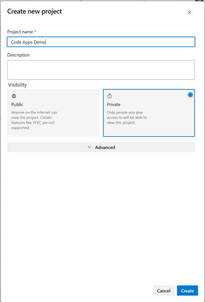 Create new project modal with fields for project name, description, and visibility options including public and private settings.