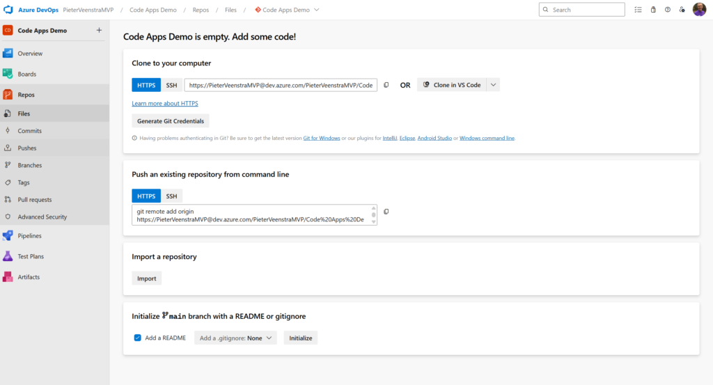 Screenshot of the Azure DevOps interface showing the 'Code Apps Demo' section with options to clone, push, and import repositories. It contains fields for HTTPS and SSH links, and buttons to add a README or gitignore.
