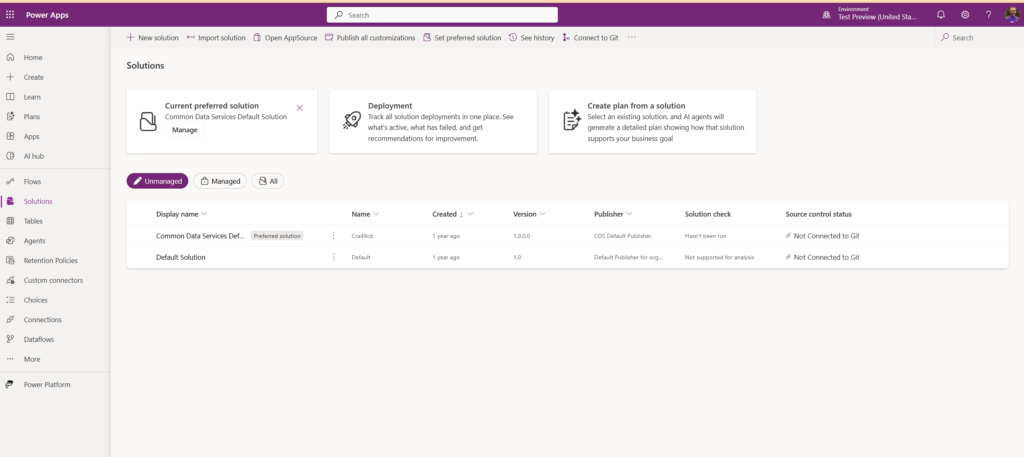 Screenshot of the Power Apps Solutions interface, displaying sections for current preferred solution, deployment tracking, and creating plans, with a table listing unmanaged and managed solutions.