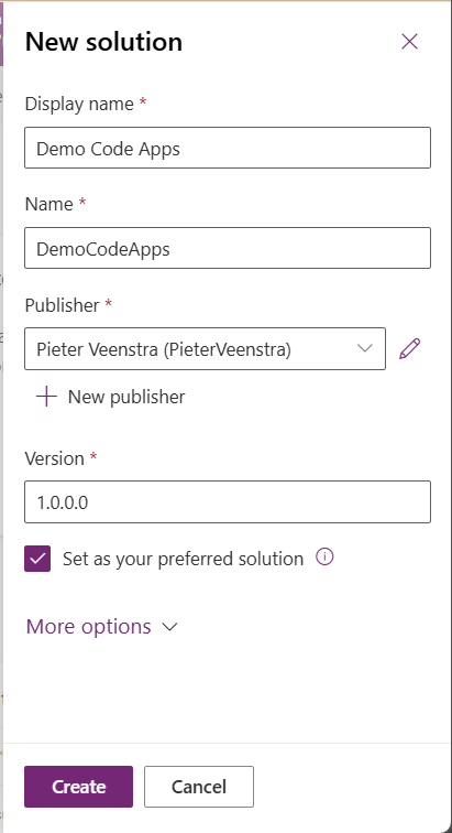 A user interface for creating a new solution, including fields for display name, name, publisher, version, and options to create or cancel.