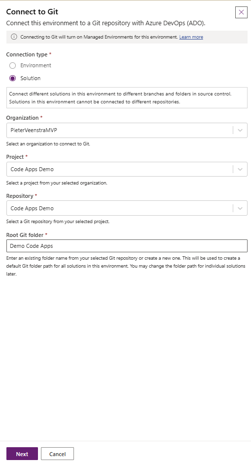 A user interface for connecting to a Git repository via Azure DevOps, featuring options for selecting connection type, organization, project, repository, and root Git folder.