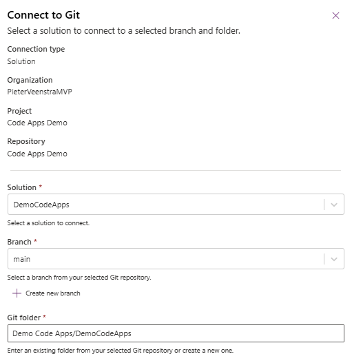 User interface for connecting to a Git repository, featuring fields for organization, project, repository, solution, branch, and Git folder.