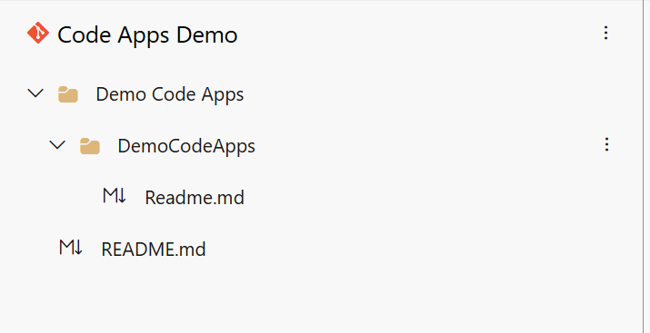 Screenshot of a file directory titled 'Code Apps Demo' showing folders and markdown files.
