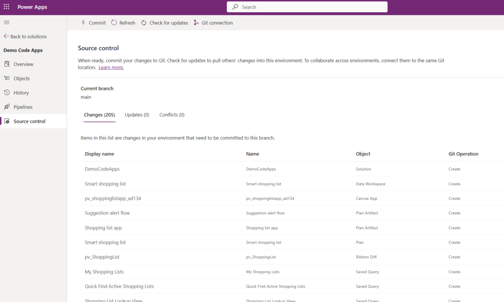 Screenshot of Power Apps interface showing the Source Control section with details about current branch and changes in the environment.
