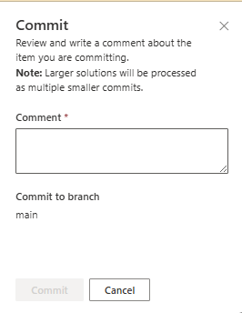 A user interface for committing code changes, including a text box for comments and options to commit to the main branch.