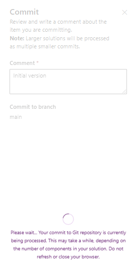 A user interface for committing changes in a Git repository, including fields for a comment and branch selection, along with a processing message indicating the commit status.