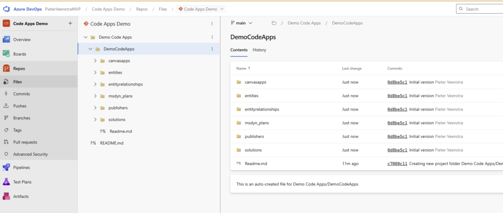 Screenshot of the Azure DevOps interface displaying the file structure of a repository named 'DemoCodeApps' with folders and files listed.