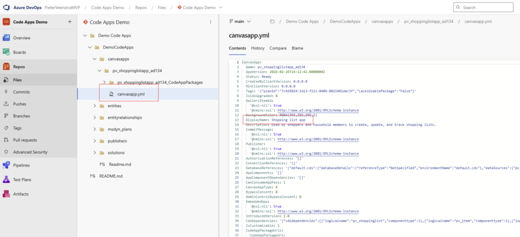 Screenshot of an Azure DevOps interface displaying the contents of a 'canvasapp.yml' file related to a shopping list app, showing its properties and structure.