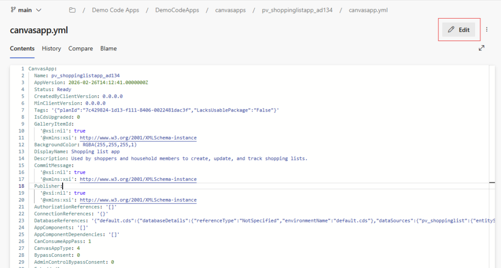 Screenshot of a coding interface showing a YAML file for a shopping list app named 'pv_shoppinglistapp_ad134'. The file includes details such as app version, status, description, and other configuration settings.