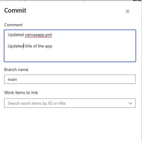 User interface for a commit window in a version control system, showing fields for comment, branch name, and work items.