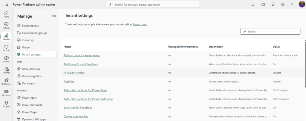 Tenant Settings in the Power Platform Admin Center