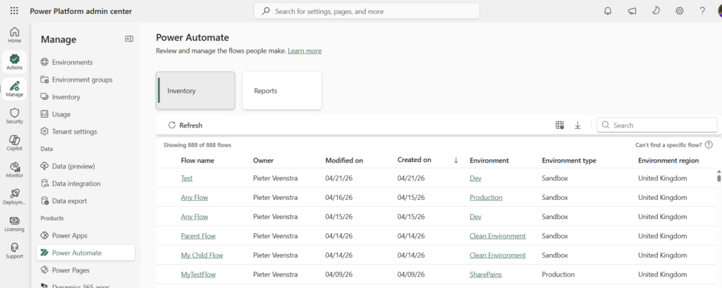 Power Automate Inventory displaying all flows